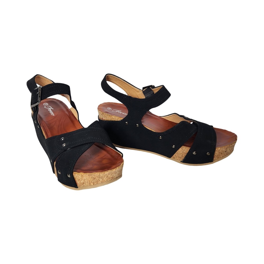 Forever Womens Black Faux Suede Cork Wedge Platform Studded Sandals Size 10